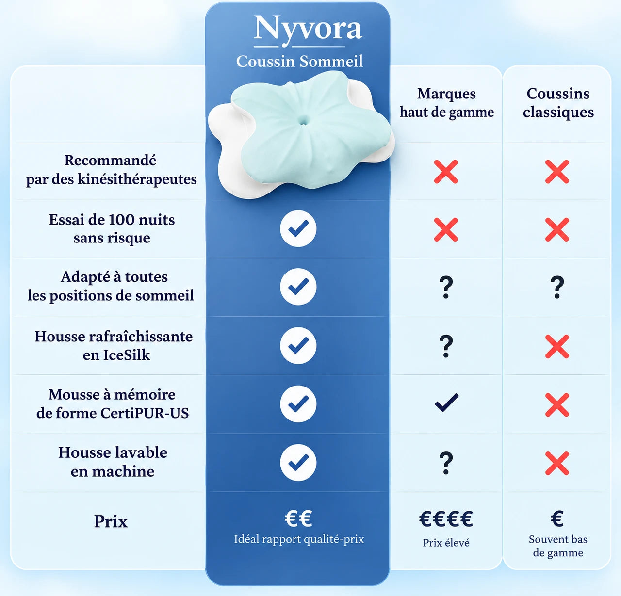 Comparatif : Oreiller Papillon Nyvora, marques haut de gamme et coussins classiques